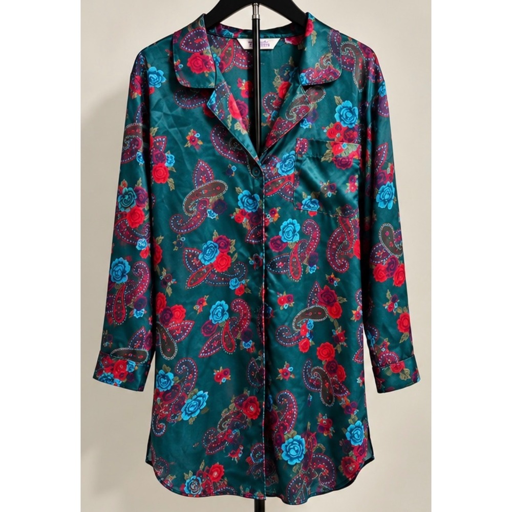 Vintage Romantic Moods Teal Paisley Floral Satin Sleep Shirt Button Up Top L